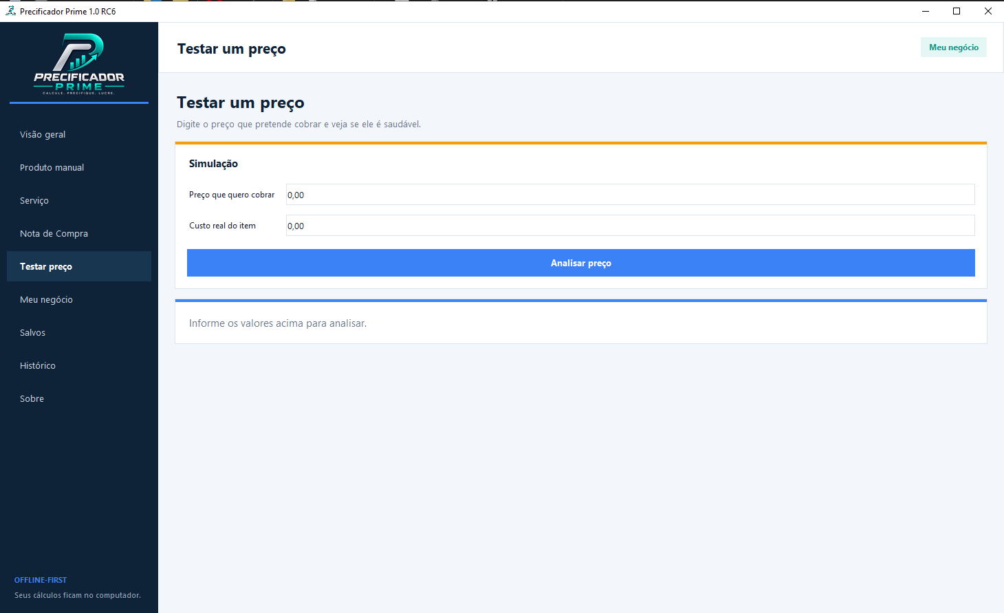 Tela Testar um preço