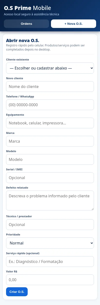Interface móvel real do O.S Prime, capturada a partir do código, com formulário de criação de O.S.